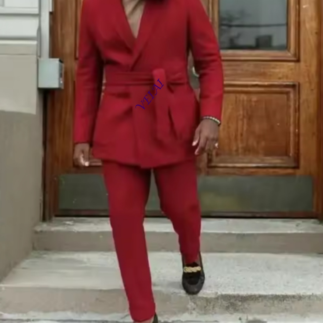 Men'S Grooming Daily - Red Double-Breasted Men's Suit with Belt
